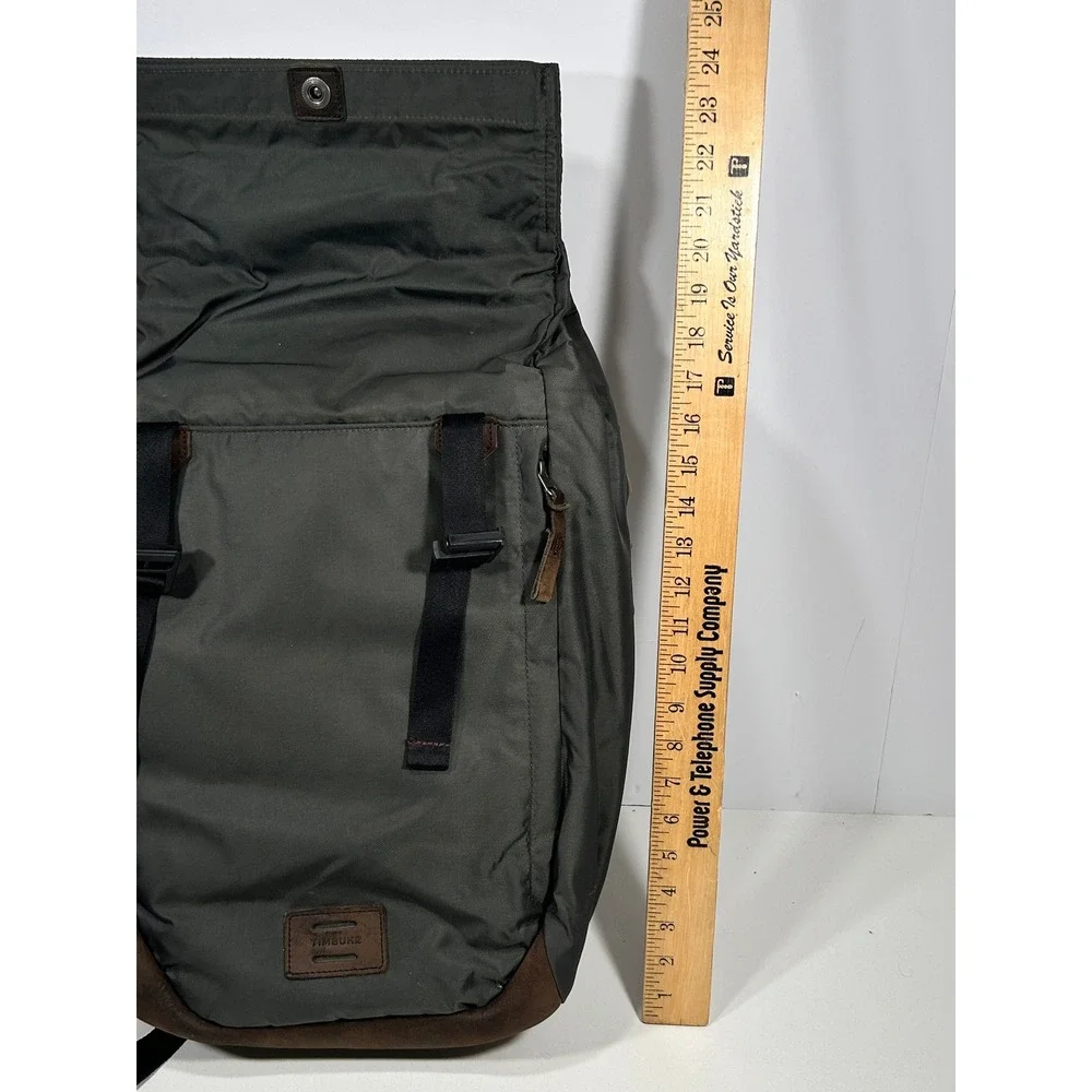 Timbuk2 Roll Top Backpack Olive Green Nylon Brown Leather Trim Laptop Sleeve